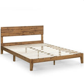 A bed frame constructed with wooden slats and a wooden headboard, emphasizing a classic and durable aesthetic.
